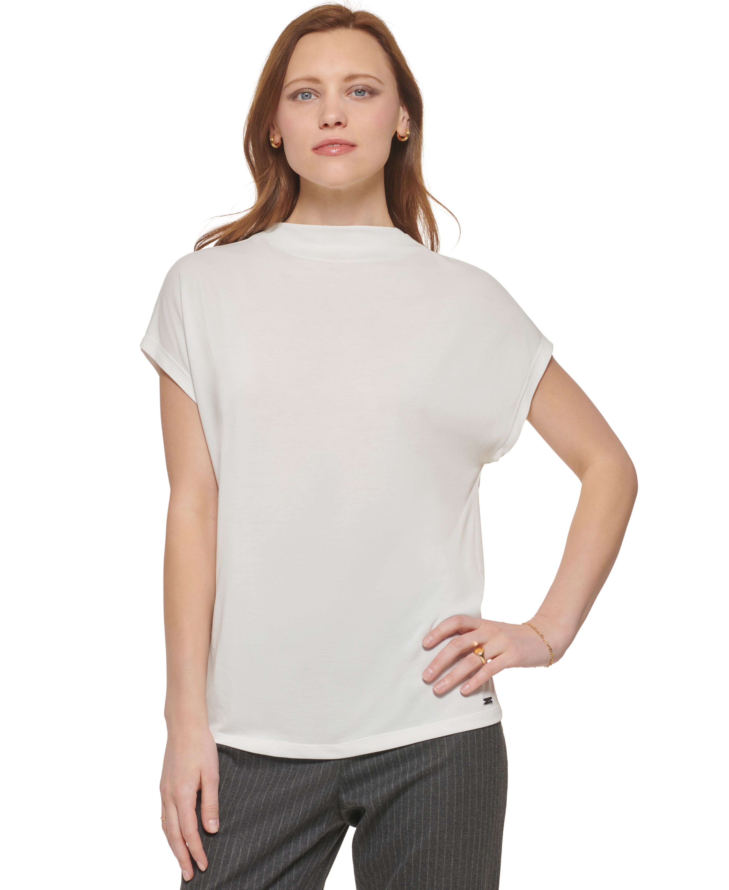 Calvin Klein Womens Cap Sleeve Mock Neck Top Cream XL